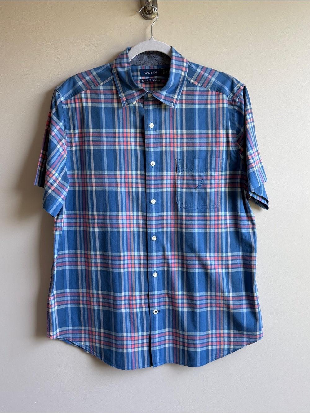 Nautica Men's Blue Plaid Short-Sleeve Button-Up Shirt